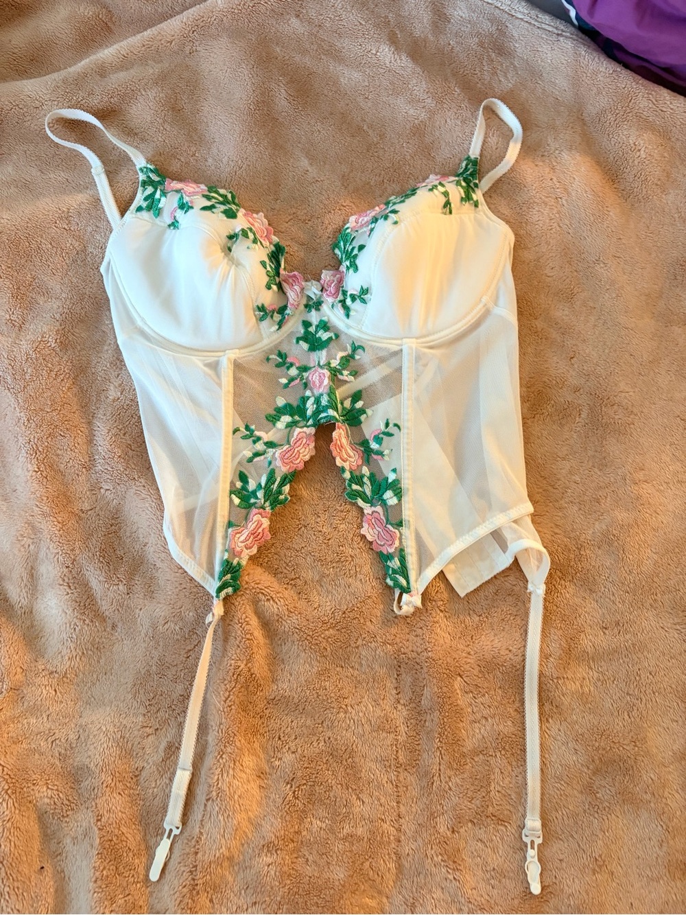 Ivory Floral Embroidered Bustier Bodysuit with Garter Straps